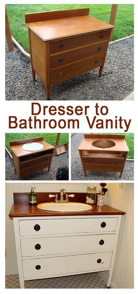 RePurpose: Dresser to Bathroom Vanity Dresser To Vanity, Dresser Vanity Bathroom, Diy Baskets, Repurposed Dresser, Sink Ideas, Diy Bathroom Vanity, Dresser Vanity, Diy Vanity, Old Dressers