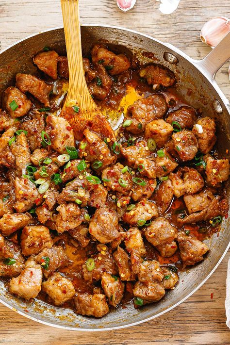 Honey Garlic Pork Stir-Fry - #pork #stirfry #recipe #eatwell101 - Try this pork stir-fry recipe tonight! Savory, sweet, and spicy, our pork stir-fry is easy and delicious! - #recipe by #eatwell101® Pork Rice Bowl Recipe, Easy Pork Recipes, Pork And Rice, Pork Stir Fry Recipes, Honey Garlic Pork, Pork Bites, Rice Bowl Recipe, Recipe Pork, Leftover Pork