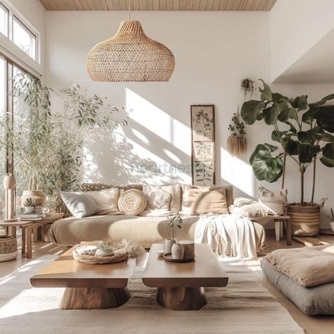 Rattan Style Living Rooms, Boho Light Living Room, Boho Living Dining Room, Classic Boho Home Decor, Furniture Boho Style, Light Aesthetic Living Room, Natural Style Interior, Rattan Light Fixture Living Room, Living Room Sophisticated