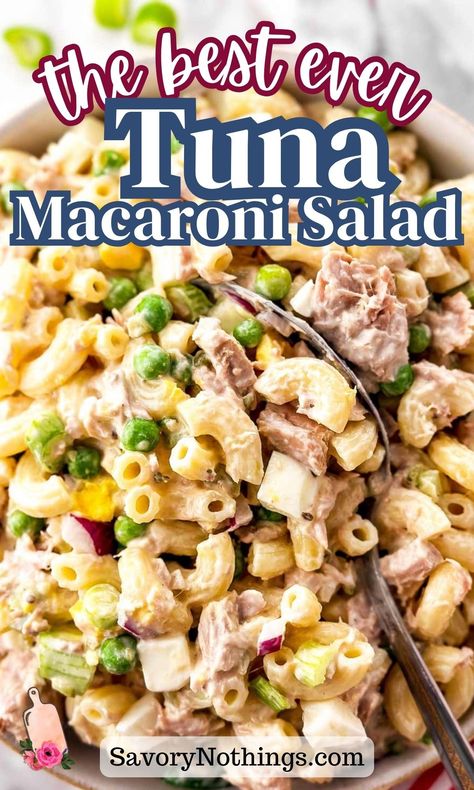 This classic Tuna Macaroni Salad is an easy staple for hot summer days. Perfect for lazy dinners and backyard barbecues alike, this recipe is a keeper for sure! Made with a creamy mayonnaise dressing, elbow macaroni, tuna, eggs, peas, celery and onion. Easy and delicious for summer potlucks and barbecues. | #summerrecipes #macaronisalad #potluck Tuna Macaroni Salad Recipe, Elbow Macaroni Recipes, Tuna Pasta Salad Recipes, Best Tuna Salad Recipe, Tuna Macaroni Salad, Mayonnaise Dressing, Best Tuna Salad, Pea Salad Recipes, Lazy Dinners