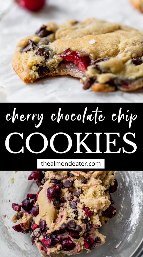 Chocolate Chip Cherry Cookies Recipes, Chocolate Chip And Cherry Cookies, Dark Cherry Dessert Recipes, Chocolate Cherry Chip Cookies, Chocolate Cherry Almond Cookies, Cherry Bakewell Cookies, Fresh Cherry Cookies Recipes, Cherry Chocolate Chunk Cookies, Pin Cherry Recipes