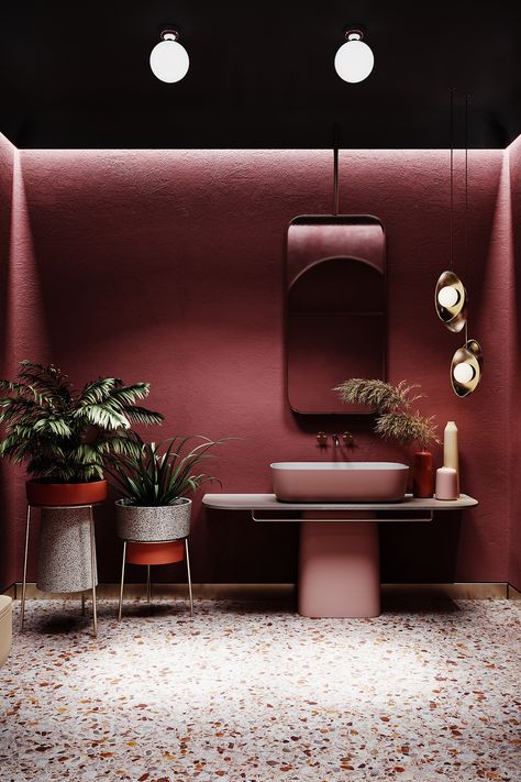 - Mitte - bathroom - on Behance Dark Pink Interior, Dark Pink Bathroom Ideas, Dark Pink Bathroom Walls, Dark Pink Walls, Bordeaux Bathroom, Dark Pink Bathroom, Contrast Bathroom, Bathroom Behance, Moody Bathroom