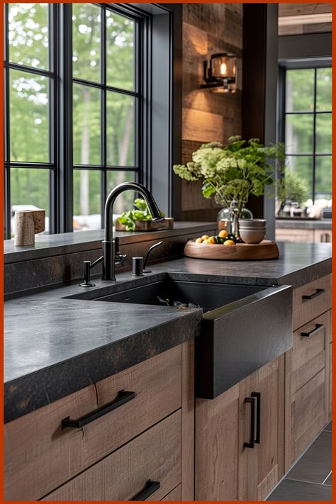 Stunning Black Granite Countertops for your Kitchen Closed Kitchen And Dining Room, Black Counter Wood Cabinets Kitchen, Countertops For Black Cabinets, Luxury Kitchen Decor Ideas, Wood Cabinets Black Counter, Wood Cabinets With Dark Countertops, Timeless Kitchen Wood Cabinets, Slate Countertop Kitchen, Rustic Galley Kitchen