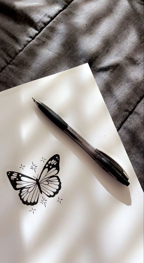 Ink pen drawing Small Pen Drawings, Butterfly Pen Drawing, Simple Pen Sketches, Pen Drawing Easy, Easy Pen Sketches, Easy Pen Drawing, Easy Butterfly Drawing, Black Pen Drawing, Cute Easy Paintings