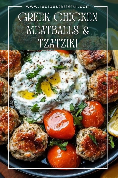 Delight in these Mediterranean-inspired Greek chicken meatballs, perfectly paired with a creamy homemade tzatziki. Ideal for salads, pita wraps, or as a standalone appetizer! Greek Chicken Meatballs, Greek Meatballs Recipe, Pita Wraps, Tzatziki Chicken, Mediterranean Recipes Healthy, Greek Appetizers, Greek Dinners, Chicken Meatball Recipes, Homemade Tzatziki