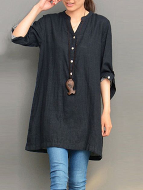 ZANZEA Casaul Loose V-neck Buttons Long Sleeve Women Blouses Plus Blouses, Tunik Linen, Linen Tunic Shirt, Design Kurta, Maxi Tops, Long Sleeve Denim Shirt, Top Plus Size, Denim Blouse, Linen Tunic