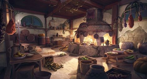 ArtStation - Pol's Kitchen - Belgariad, Paulo Loveranes Galamgam Fantasy House, Fantasy Kitchen, Interior Concept Art, Hansel Y Gretel, Kitchen Drawing, Fantasy Rooms, Fantasy Castle, Fantasy City, Fantasy Setting