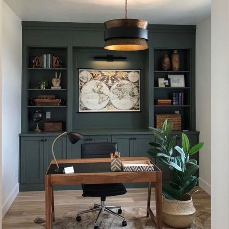 Sherwin Williams Pewter Green, Dark Green Office, Modern Cottage Interior, Green Home Offices, Home Office Dark, Dixon Homes, Pewter Green, Beautiful Modern Homes, Office Built Ins