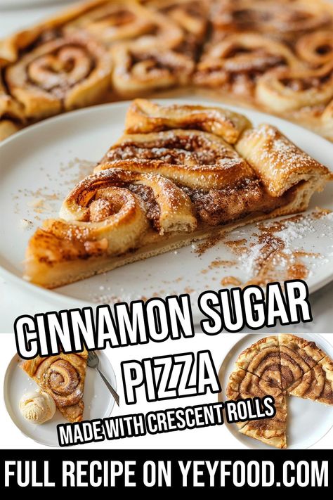 Easy Cinnamon Sugar Pizza Calling all busy bees with a sweet tooth! This recipe for Cinnamon Sugar Pizza with Crescent Rolls is the perfect solution. It's quick, uses pantry staples, and delivers a delightful flavor Cinnamon Roll Pizza Dessert, Cressant Roll Recipes, Cinnamon Deserts, Cinnamon Sugar Pizza, Crescent Roll Ideas, Crescent Roll Recipes Dinner, Cinnamon Sugar Recipes, Potluck Dessert, Cinnamon Bread Easy