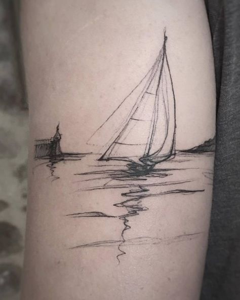 Sketch work style sailboat tattoo located on the Tattoo Sailboat, Ldr Tattoo, Sailing Tattoo, Sailboat Tattoo, Boat Tattoo, Lighthouse Tattoo, Water Tattoo, More Tattoo, Coffee Tattoos