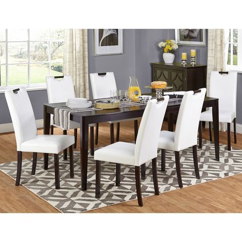 Target Marketing Systems Tilo 7 Piece Dining Table Set - 18027WHT Narrow Dining Room Ideas, Narrow Dining Room, Butterfly Dining Table, Modern Contemporary Dining, Parsons Dining Chairs, Dining Room Ideas, White Upholstery, 7 Piece Dining Set, White Dining Chairs