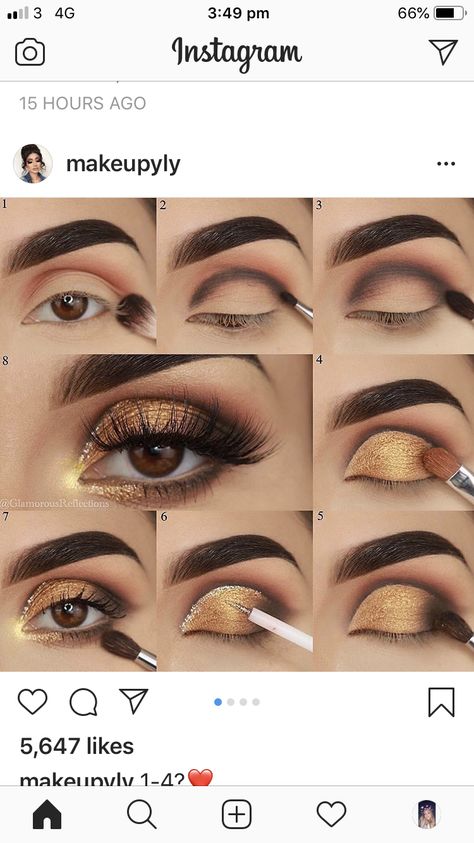 Gold Dress Makeup, Gold And Brown Eye Makeup, Eyeshadow Tutorial Step By Step, Black And Gold Eyeshadow, Gold Eyeshadow Tutorial, Gold Eyeshadow Looks, Smokey Eye Makeup Steps, Gold Eye Makeup Tutorial, Eye Makeup Cut Crease