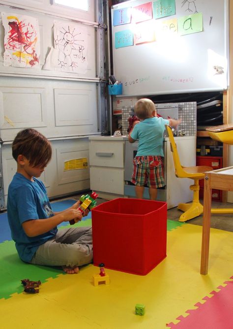 Garage turned playroom - what a cool idea! Kids Garage Playroom, Garage Classroom Ideas, Turn Garage Into Playroom, Garage Turned Into Playroom Family Rooms, Garage Converted To Playroom, Garage Playroom Conversion, Converting Garage To Playroom, Garage Daycare Conversion, Garage Kids Playroom