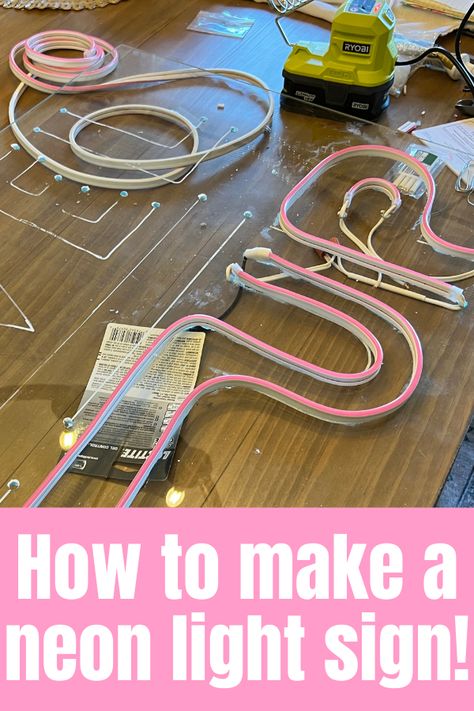 This DIY neon sign is made with neon flex light strip and plexiglass. Check out this tutorial to make your own. Lights For Signs, Diy Neon Light Sign Wall Art, Neon Art Tutorial, Diy Faux Neon Sign, Diy Wedding Neon Sign, Making Neon Signs, Diy Light Wall Decor, Diy Led Neon Sign How To Make, Homemade Neon Sign