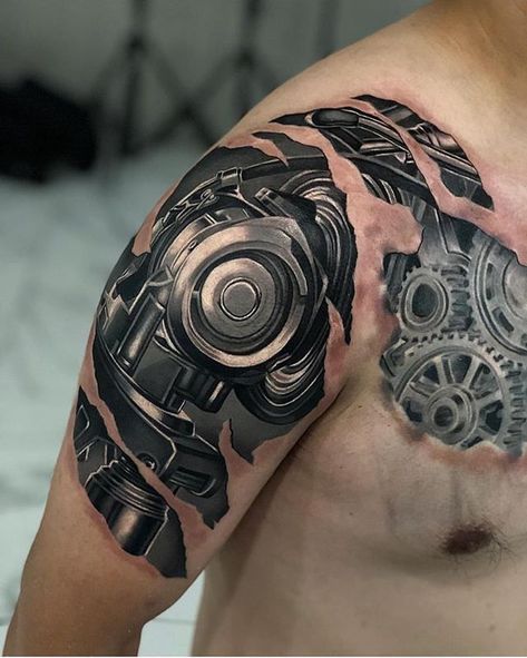 Biomech Work By @vidblancotattoo #inkedmag #tattooed #tattoo artist #art #inked Biomechanical Tattoo Arm, Terminator Tattoo, Ripped Skin Tattoo, Celtic Tattoos For Men, Biomechanical Tattoo Design, Robot Tattoo, Good Tattoo, Tattoo Ideas Unique, Mechanic Tattoo