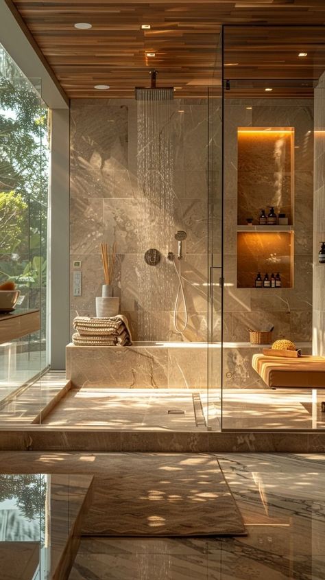 21+ Luxurious Master Bath Inspiration Ideas That Feel Elevated - From Lemons To Luxury Large Open Shower Master Suite, Master Suite Bathroom Luxury, Luxury Walk In Shower Designs, Seating In Bathroom, Shower With Seat Walk In, Shower Only Master Bath, Luxury Shower Design Ideas, Relaxing Shower Ideas, His And Her Showers Master Bath