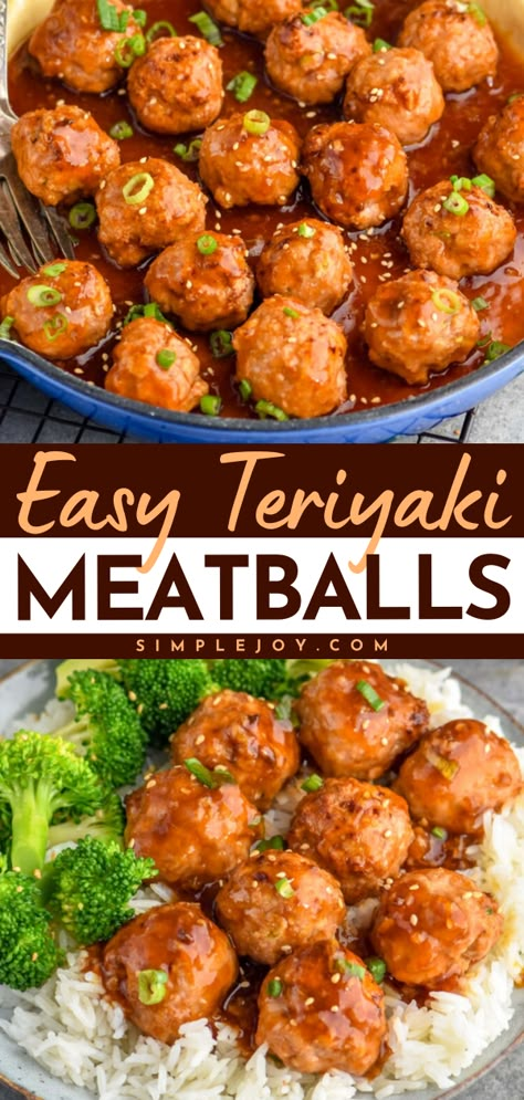 Teriyaki Meatballs are a quick and delicious dinner that the whole family will fall in love with. My kids can never get enough meatball recipes, and they love this fun spin! Ground Chicken Meatballs Teriyaki, Teriyaki Meatballs Crockpot Easy, Busy Mom Dinner Ideas Healthy, Turkey Meatballs Teryaki, Healthy Meatball Crockpot Recipes, Turkey Meatballs Teriyaki, Quick And Easy Dinner Recipes Meatballs, Meatball Dinner Ideas Rice, Asian Pork Meatballs Easy Recipes