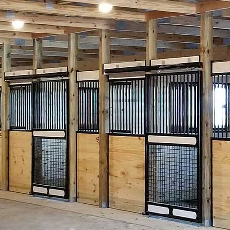 Shed Row Horse Barn, Horse Stall Ideas, Stall Fronts, Horse Farm Ideas, Track Door, Stall Door, Horse Barn Ideas Stables, Barn Plan, Wood Lumber