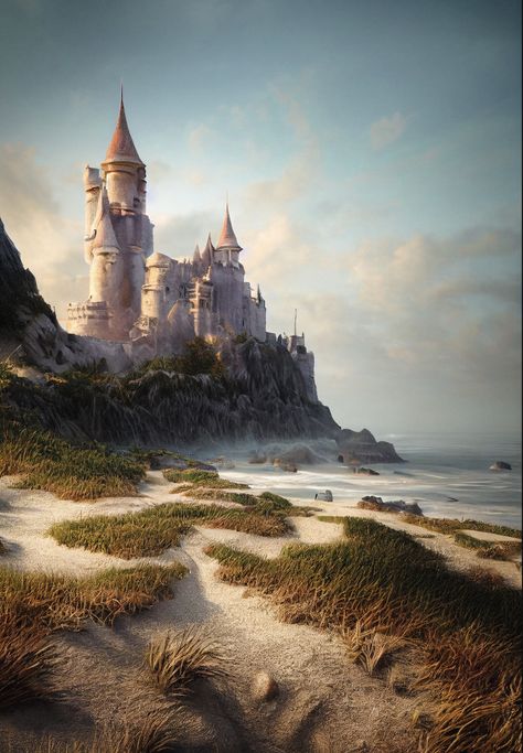 Castle By The Sea Fantasy Art, Coastal Castle Fantasy Art, Cliffside Castle Fantasy Art, Fantasy World Aesthetic Castle, Island Castle Aesthetic, Air Castle Fantasy Art, Fantasy Island Castle, Castle Near Ocean, Fantasy Castle By The Sea