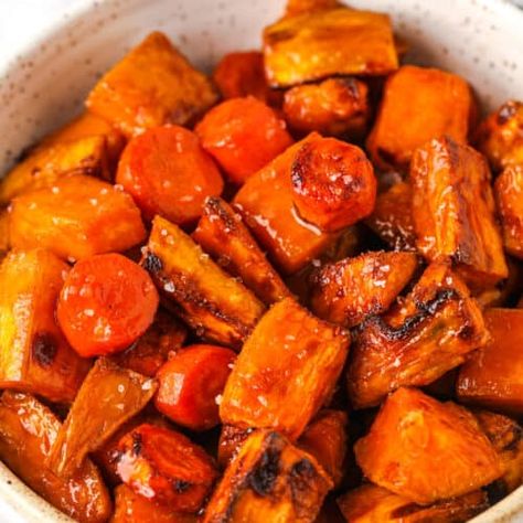 Roasted Sweet Potatoes and Carrots - Spend With Pennies Meatloaf Moist, Baked Bruschetta, Sweet Potatoes And Carrots, Air Fryer Sweet Potatoes, Millionaire Pie, Chicken Chop, Antipasto Skewers, Cheesy Ham, Ham Casserole