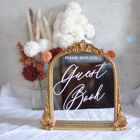 Wedding Guestbook Mirror | Wedding Signage | Modern Wedding Sign | Guest Book Sign | Elegant Wedding Decor | Welcome Table Sign | Custom by MagnoliaDreamsDecor on Etsy Wedding Mirror Sign You Look Good, Picture Frame Signs Wedding, Guest Sign In Table Wedding, Gold Mirror Sign Wedding, Wedding Gold Mirror, Wedding Guest Book Sign Mirror, Mirror Wedding Signage, Vinyl Record Guest Book Sign, Welcome Table Wedding