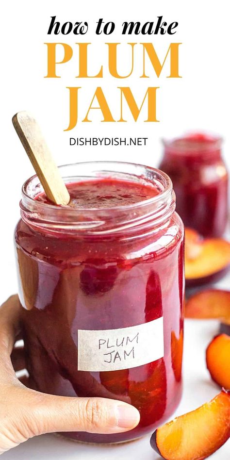 An easy plum jam recipe that only requires 4 simple ingredients, is ready in an hour, and is bursting with the flavor of sweet ripe plums. Perfect for spreading on toast, spooning over homemade yogurt, filling your pie crust, or even eating it by the spoonful! Totally gluten-free, dairy-free, vegan and pectin-free, but it's so good no one would notice! | homemade plum jam | how to make plum jam | homemade jam recipe | stone fruit season | summer jam recipes | summer canning | easy jam recipe Plum Jam With Pectin, Canning Easy, Plum Jam Recipe, Summer Canning, Easy Jam Recipe, Jam Homemade, Canned Plums, Plum Jam Recipes, Easy Jam