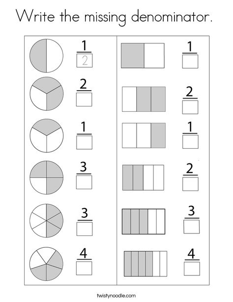 Write the missing denominator Coloring Page - Twisty Noodle Math Fractions Worksheets, Kindergarten Phonics Worksheets, Preschool Workbooks, Twisty Noodle, Teaching Fractions, Math Sheets, Mathematics Worksheets, 2nd Grade Math Worksheets, Math Intervention