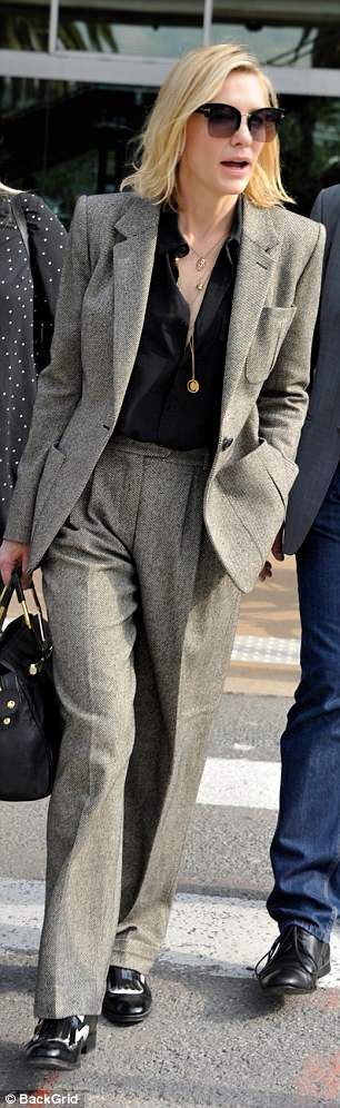 Star-studded: Georgia May Jagger (left) and Cate Blanchett (right) were also spotted arriving at the airport ahead of the glitzy event Lesbian Formal Outfits, Woman In Suit, Georgia May, Georgia May Jagger, Celeb Style, At The Airport, Prom Outfits, Blonde Women, Cate Blanchett