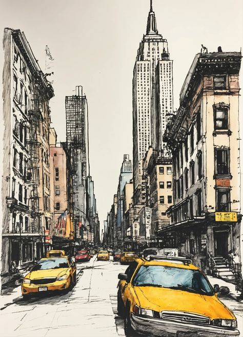 New York Cityscape Drawing, City Ink Drawing, New York Sketches, New York City Drawing Sketches, Urban Sketching Pen, City Art Drawing, Easy Architecture Sketch, City Landscape Drawing, Nyc Sketch