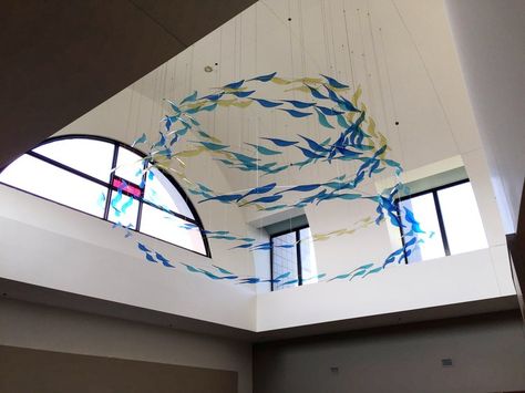 Large Custom Hanging Mobile for Cincinnati Hospital — Ekko Mobiles — Large Custom Hanging Mobiles, Kinetic Art, and Ceiling Sculptures for Home, Business, and Public Spaces Ceiling Art Installation, Mobile Sculpture, Basement Reno, Ceiling Art, Diy Ceiling, Water Projects, Mobile Art, Kinetic Art, Ceiling Installation