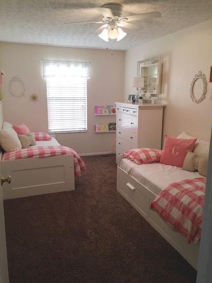 Two Day beds one room. Sherwin Williams Steamed Milk Beds For Shared Room, Small Room Decor For Two Sisters, Room Decor Bedroom Shared, Two Bed One Room Ideas, 2 Beds One Room Ideas, Room Ideas For 2 Sisters Small Room, Two Twin Size Beds In One Room, Small Room Ideas 2 Beds, 2 Beds Room Ideas