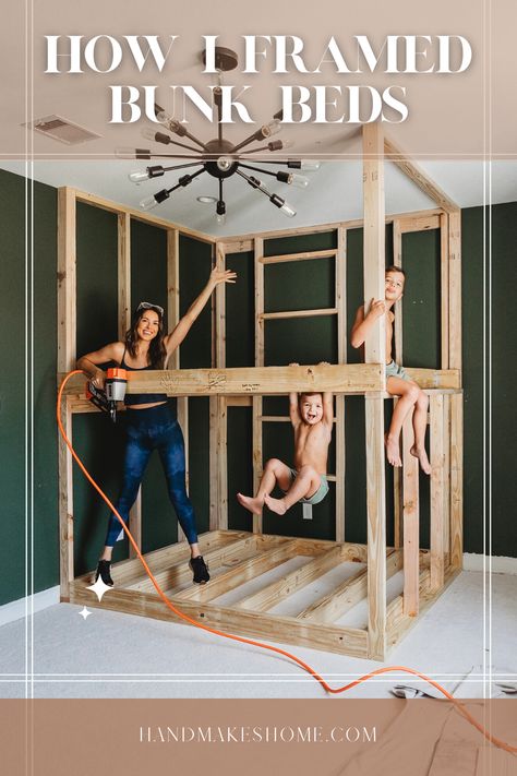 Framing the Bunk room Quad Bedroom Ideas, Diy Bunk Room Plans, Teenager Bunk Bed Ideas, Bunk Bed Playroom, Built In Bunk Beds Slanted Ceiling, Game Room With Bunk Beds, Camp Bunk Room, Bunk Room Built In, Built In Bunk Beds Diy