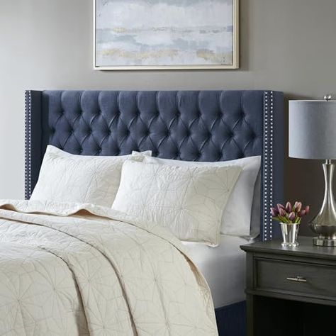 Sophisticated Bedroom Decor, Upholstery Headboard, Blue Headboard, Vintage Bedroom Decor, Button Tufted Headboard, Wingback Headboard, Queen Headboard, Vintage Bedroom, King Headboard