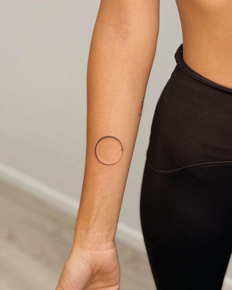 Inner Balance Tattoo, Almost Circle Tattoo, The Circle Of Life Tattoo, Circle Fine Line Tattoo, Small Circle Tattoos For Women, Circle Date Tattoo, Minimalist Circle Tattoo, Oroboros Tattoo Minimalist, Small Round Tattoos