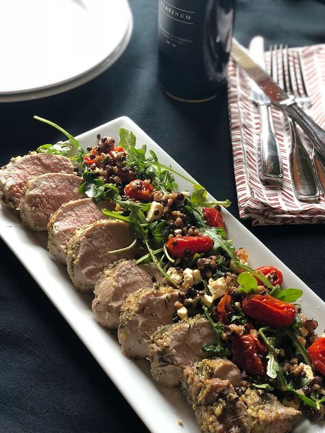 Garlic and Dill Crusted Pork Tenderloin with Blistered Tomatoes, Lentils and Arugula Salad Crusted Pork Tenderloin, Blistered Tomatoes, Dill Recipes, Family Friendly Recipes, Grain Salad, Vinaigrette Recipes, Fast Easy Meals, Stuffed Pork Tenderloin, Arugula Salad