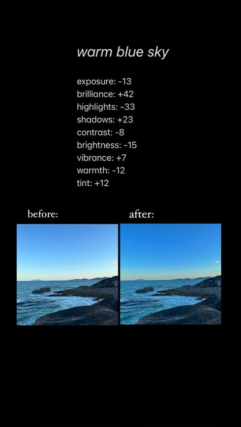 Blue Sky Lightroom Preset, Beach Photo Iphone Edit, Ocean Photo Edit, Blue Eye Filter, Iphone Editing Pictures Summer, Sky Edit Iphone, Blue Photo Edit, Water Photo Editing, Sky Photo Editing