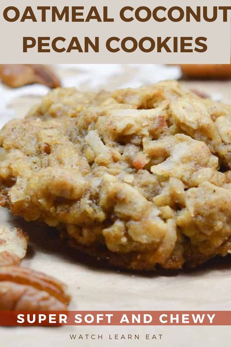 close up of oatmeal coconut pecan cookies Best Soft Oatmeal Cookies, Copycat Crumbl Oatmeal Raisin Cookies, Panera Oatmeal Raisin Cookies, Crumble Coconut Cookie, Peanut Butter Oatmeal Coconut Cookies, Oatmeal Everything Cookies, Candied Pecan Cookies, Easy Oatmeal Raisin Cookies Chewy, Oatmeal Nut Cookies