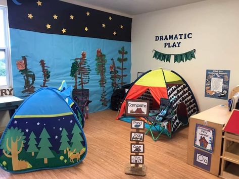 Campsite Dramatic Play, Camping Lesson Plans Preschool, Camping Lesson Plans, Indoor Glamping, Camping Crafts Preschool, Camping Dramatic Play, Camping Theme Classroom, Camp Theme, Prop Box