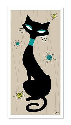 Mid Century Cat, Retro Kunst, Black Cat Art, Soyut Sanat Tabloları, A Black Cat, Modern Cat, Retro Cats, Yellow Eyes, Mid Century Art