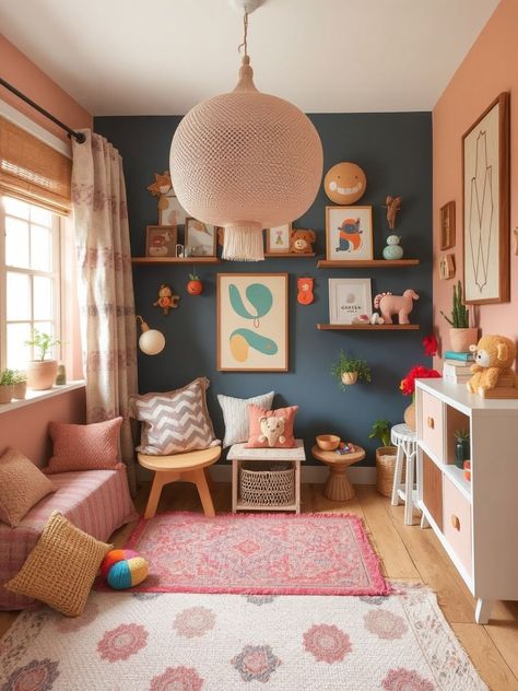 Small Colorful Room, Boho Girly Nursery, Bright Toddler Girl Room, Colorful Montessori Bedroom, Waldorf Kids Room, Eclectic Toddler Room, Toddler Room Aesthetic, Whimsical Childrens Room, Kids Room Colorful