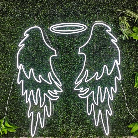 Angel Wings With Halo, Angel Wings Neon Sign, Wings Neon Sign, Angel Wings And Halo, Wings And Halo, Glitter Phone Wallpaper, Nightclub Design, Camera Tattoo, Photo Zone