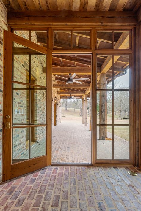 LOUISIANA RUSTIC - Farmer Payne Architects Brick Farmhouse Exterior, Stucco And Stone Exterior, Outside Doors, Farmers Porch, Rustic Wood Doors, Marvin Windows, Antique Brick, Brick Interior, Farmhouse Inspiration