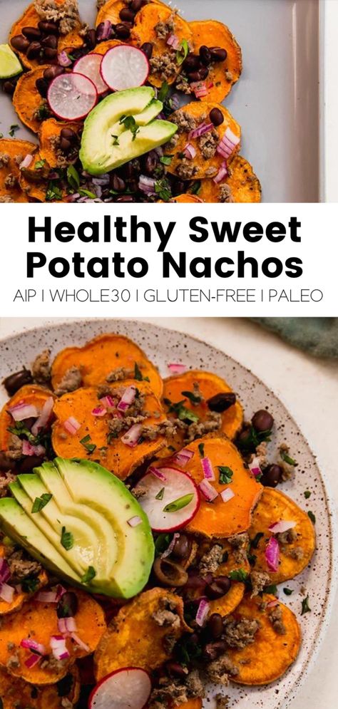 Aip Sweet Potato, Aip Appetizers, Aip Diet Recipes, Unbound Wellness, Potato Nachos, Healthy Sweet Potato, Sweet Potato Nachos, Paleo Main Dishes, Stuffed Sweet Potato Healthy