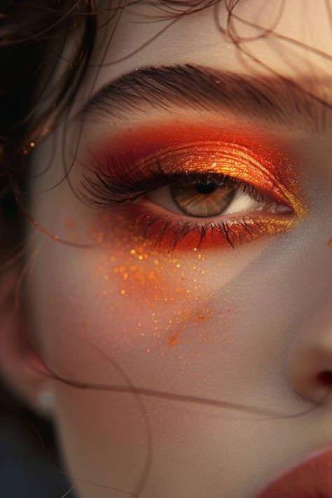 Orange And Red Eyeshadow, Fire Fairy Makeup Ideas, Orange Rave Makeup Looks, Makeup Looks Orange Brown, Fire Inspired Eye Makeup, Orange Red Makeup Look, Orange Makeup Brown Eyes, Fire Eyeshadow Looks, Fiery Makeup Looks