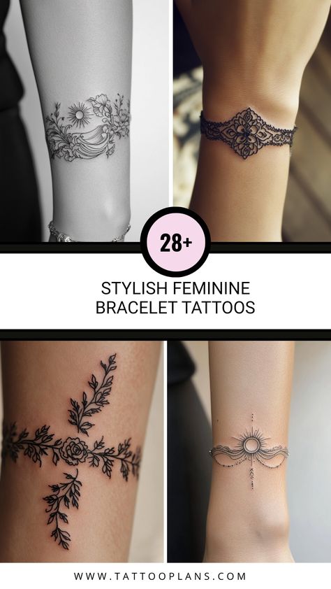 Explore 28 stylish feminine bracelet tattoo designs perfect for women. Discover unique and delicate tattoo inspiration through 4 beautiful images showcasing elegant body art for your wrist. Wrist Cuff Tattoos For Women, Wrist Bracelet Tattoos For Women, Wrist Hand Tattoo, Lace Garter Tattoos, Wrist Band Tattoo, Bracelet Tattoos, Feminine Bracelet, Tattoo Unique, Bracelet Tattoo