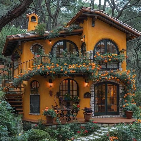 Whimsigothic House Exterior, Cabin With Flowers, Unique Home Styles, Cozy Cottage House Exterior, Farmhouse Living Room Colorful, Maximalist Home Exterior, Boho Tiny House Exterior, Tiny Home Layout Ideas, Mini Tiny House