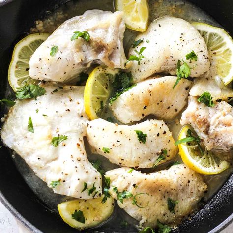 Halibut cheeks recipe Halibut Cheeks Recipe, How To Cook Halibut, Pan Seared Halibut, Grouper Recipes, Seared Halibut, Air Fryer Fish Recipes, Lemon Garlic Butter Sauce, Seared Fish, Garlic Butter Sauce