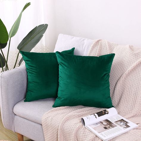 Emerald Green Couch, Green Sofa Living Room, Cream Throw Pillows, Green Velvet Pillow, Dark Green Velvet, Square Sofa, Emerald Green Velvet, Plaid Throw Pillows, Velvet Throw Pillow