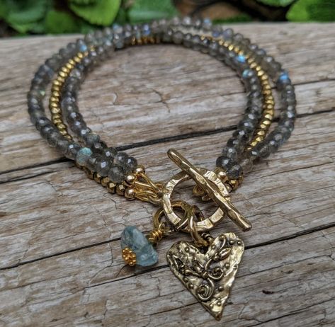 Unique Beaded Jewelry, Stone Bead Jewelry, Bracelet With Heart, Amazonite Bracelet, Artisan Bracelets, Gems Bracelet, Art Jewelry Contemporary, Labradorite Bracelet, Multi Strand Bracelet