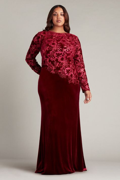 Find the Rose Red Tadashi Shoji CCG16206LXYQ Long Sleeve Formal Sequin Velvet Plus Size Dress at The Dress Outlet. Free shipping! Sequin Velvet Dress, Velvet Plus Size Dress, Velvet Plus Size, Velvet Dress Plus Size, Plus Size Gowns Formal, Baby Dedication, Plus Size Formal, Dresses Homecoming, Dresses Designer